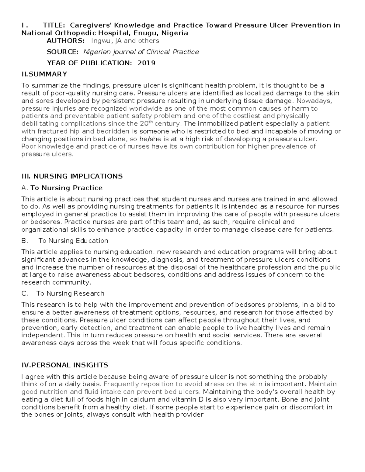 Knowledge and Practice on Pressure Ulcer Prevention in Orthopedic Care ...