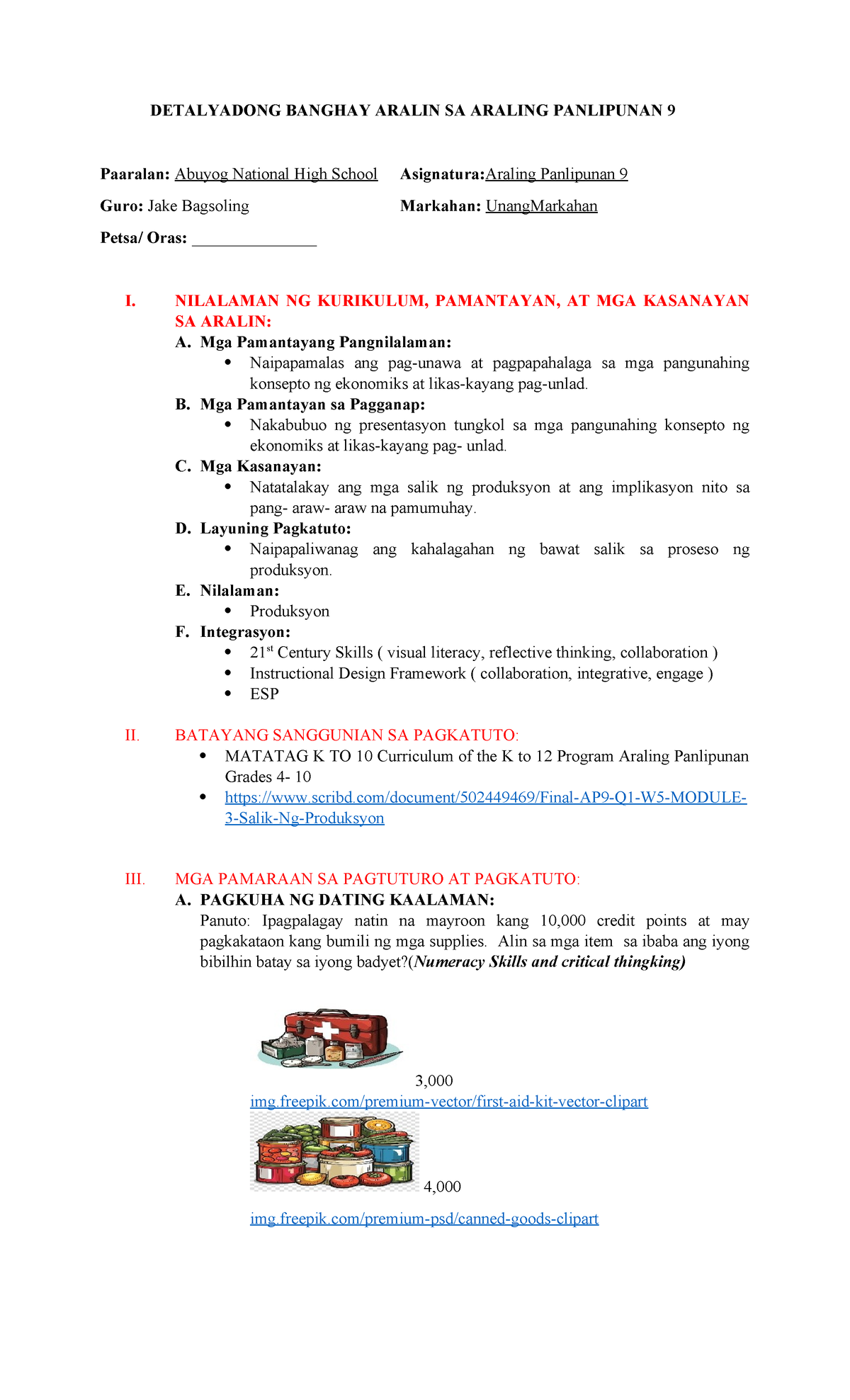 AP 9 Q3 LESSON PLAN ON PRODUCTION: ECONOMICS CONCEPTS - Studocu
