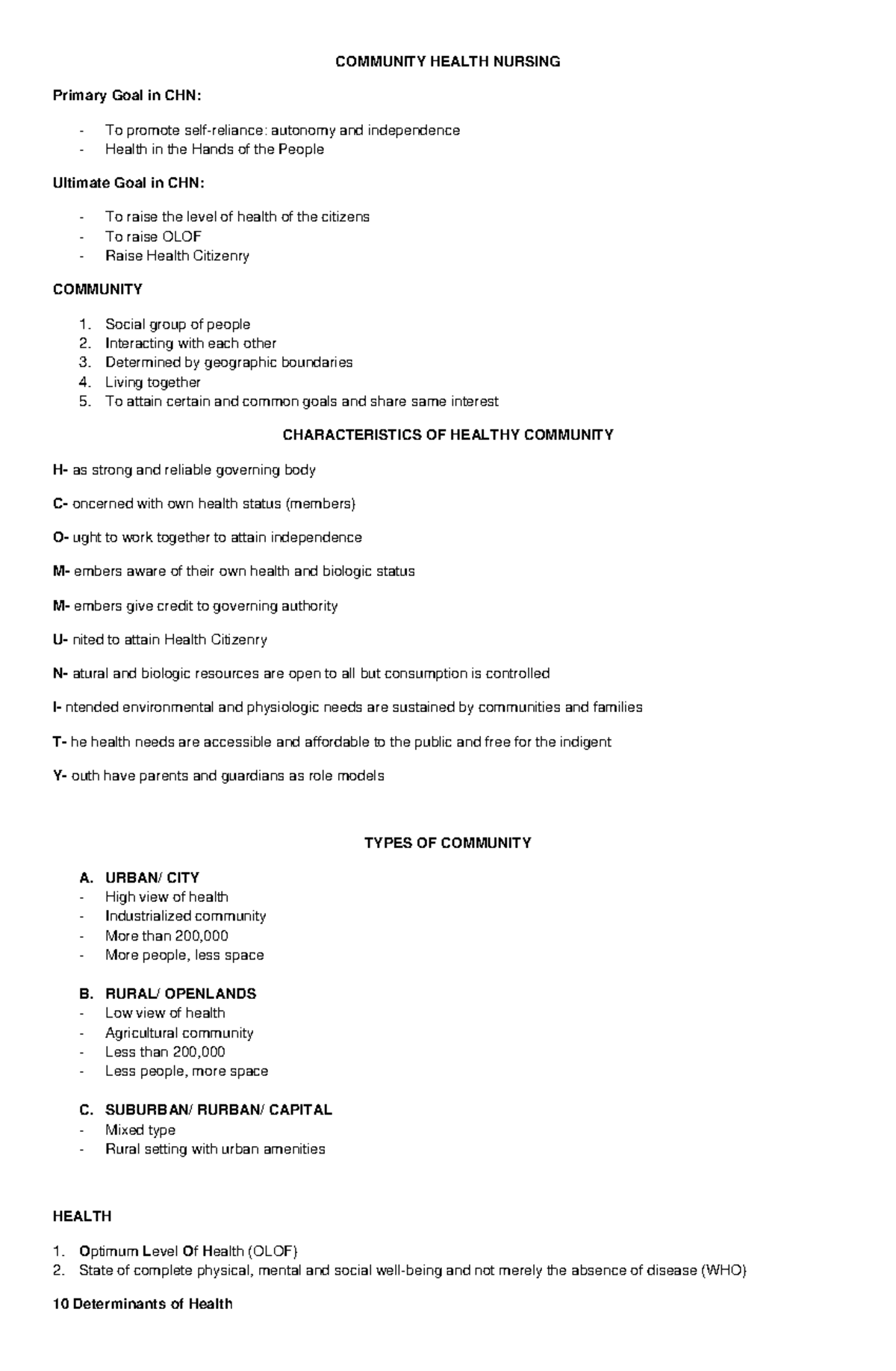 CHN 101: Community Health Nursing Quiz Notes and Key Concepts - Studocu