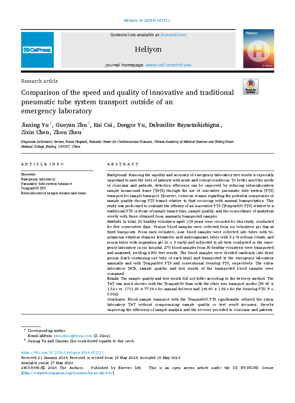 Comparison of Tempus600 and Traditional PTS for Emergency Lab Transport ...