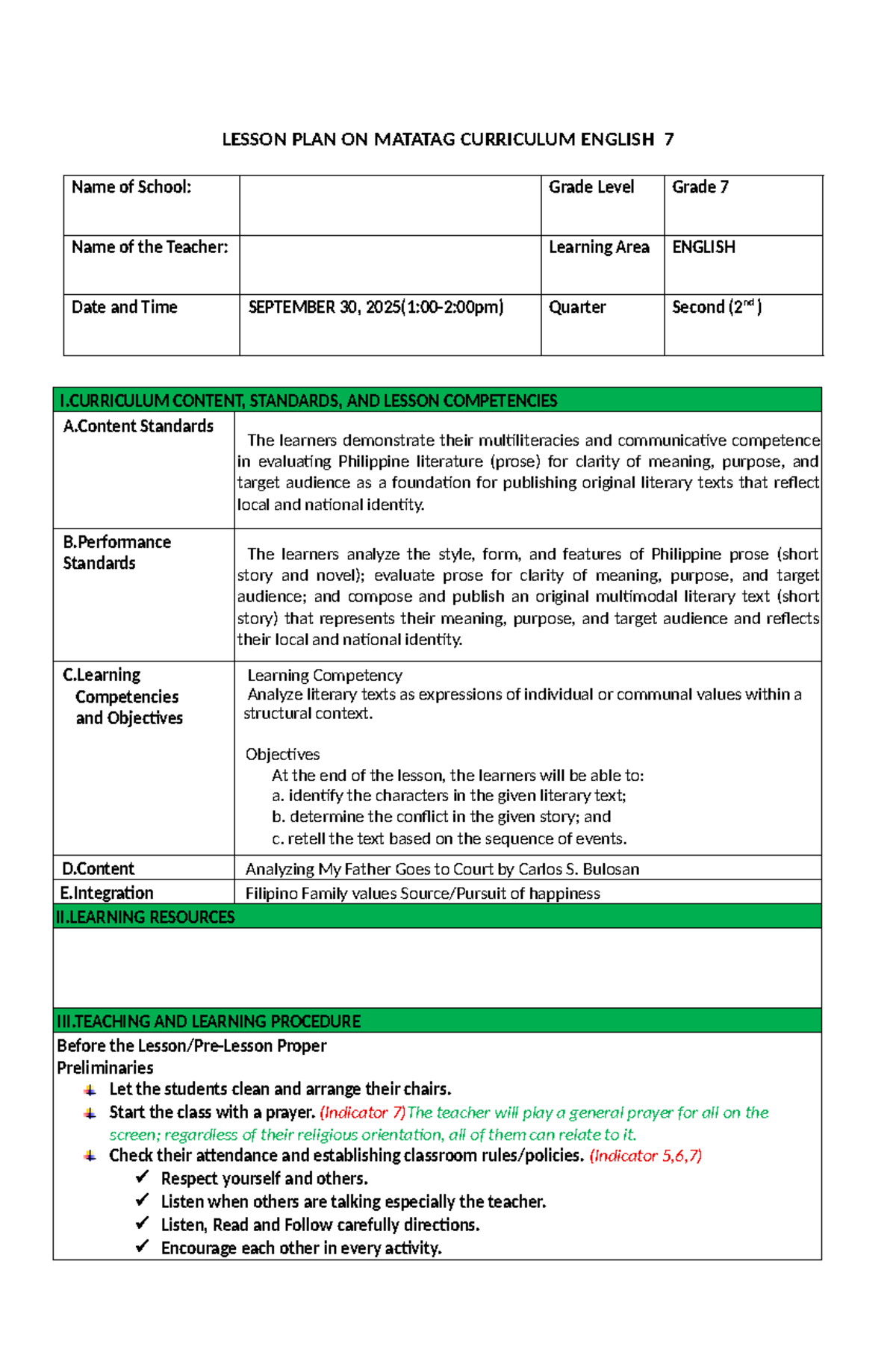 Lesson Plan: Matatag Curriculum English 7 - 2nd Quarter - Studocu