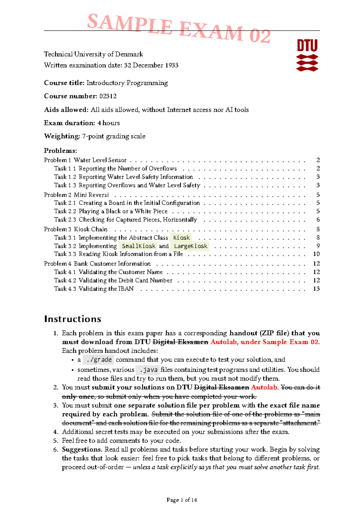 02312 Sample Exam 02: Introductory Programming Analysis - Studocu