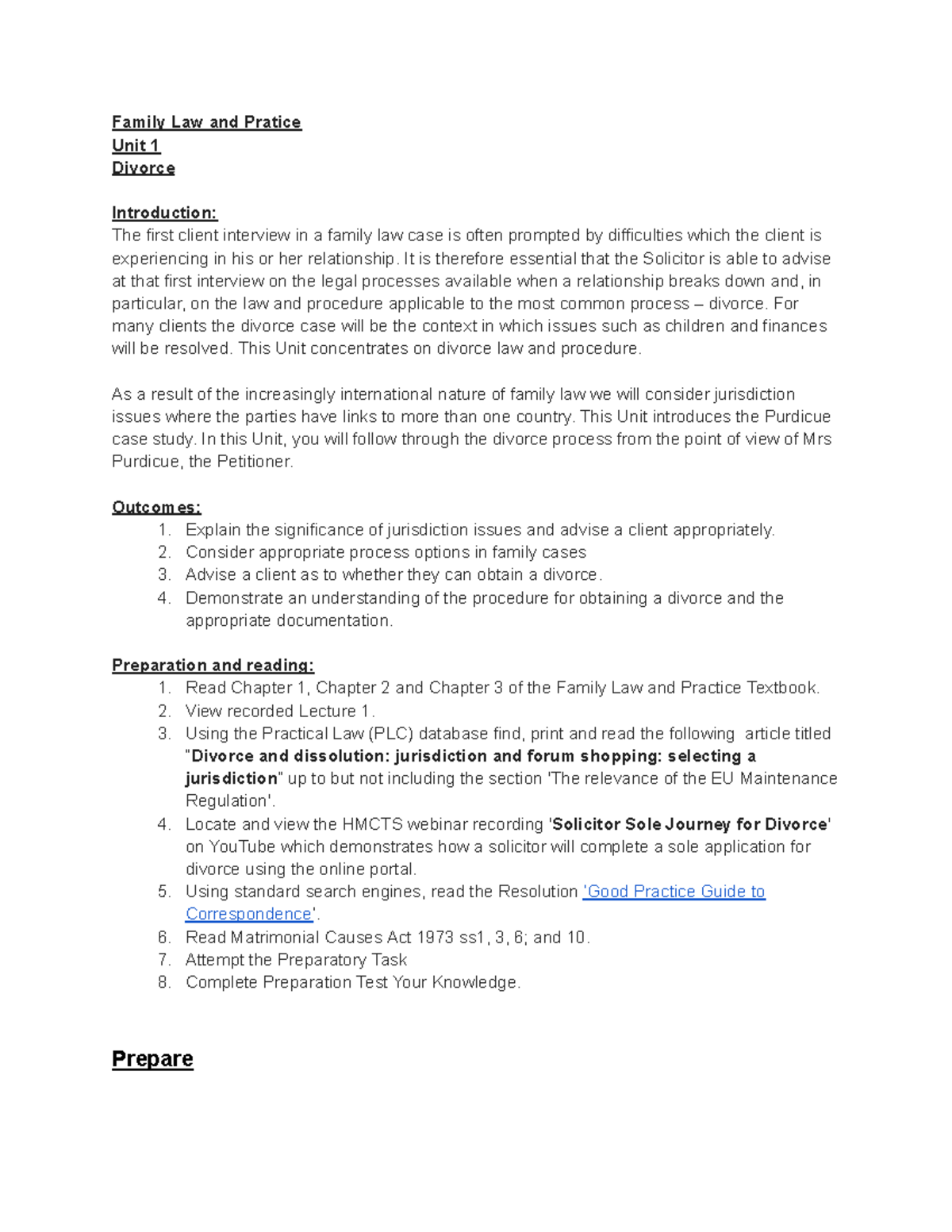 Family Law - Unit 1 - Workshop 3 - Divorce Procedure - LPC - Studocu