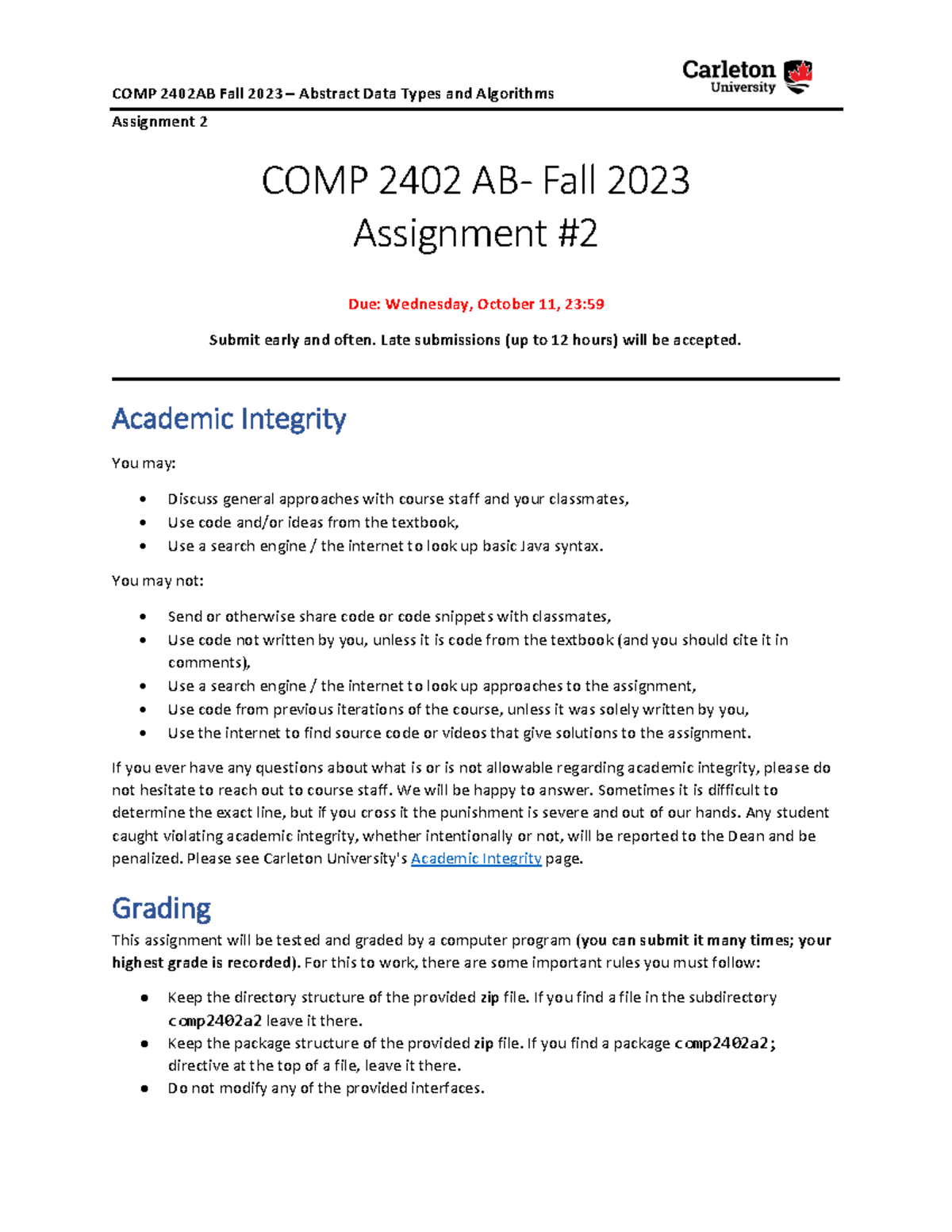 A2-COMP2402-Fall-2023 - Assignment 2 COMP 240 2 AB- Fall 202 3 ...