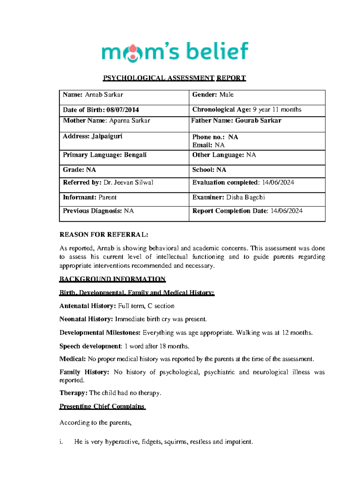 ADHD Report - Case Study on Behavioral and Academic Concerns - Studocu