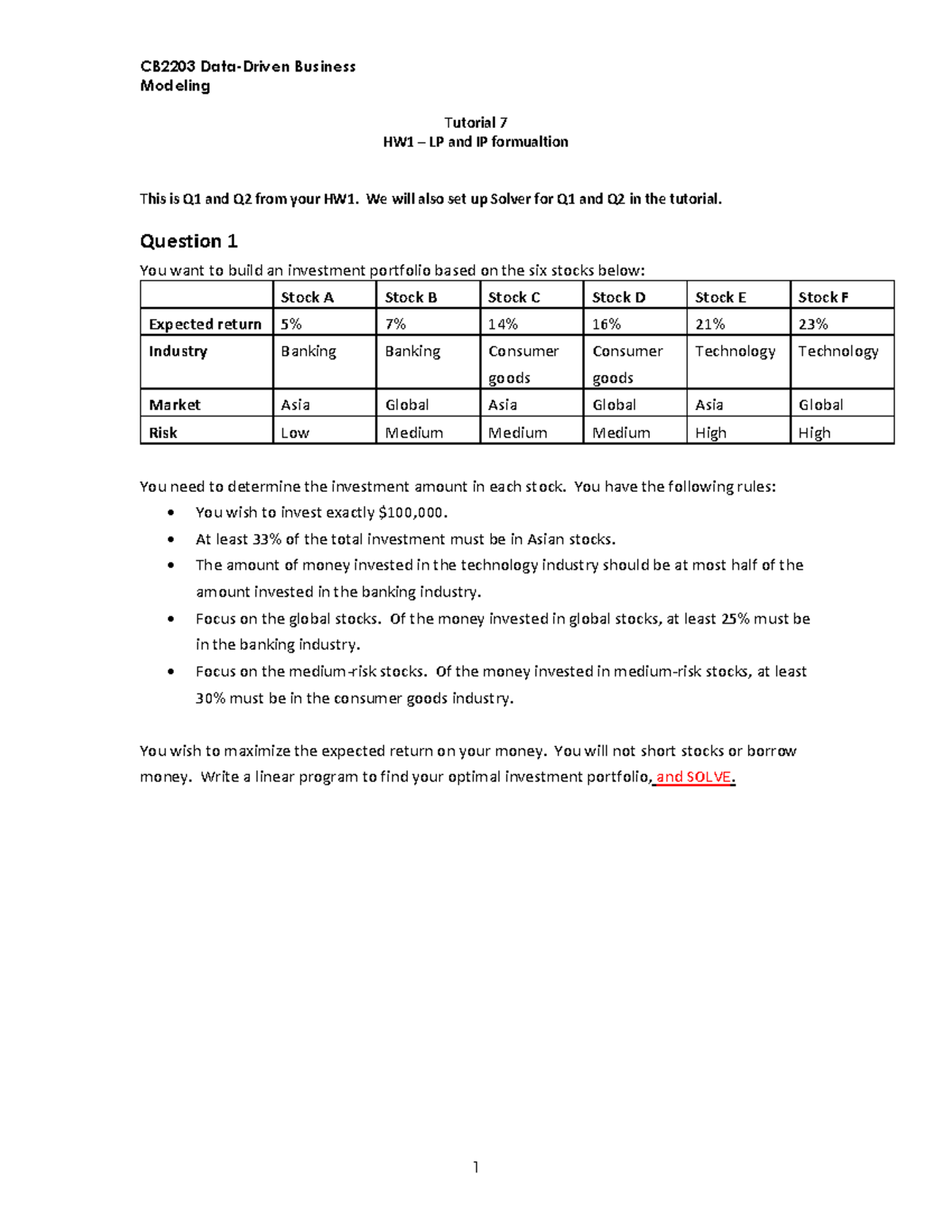 CB2203 Business Modeling Tutorial 7: LP & IP Formulation Q1 & Q2 - Studocu