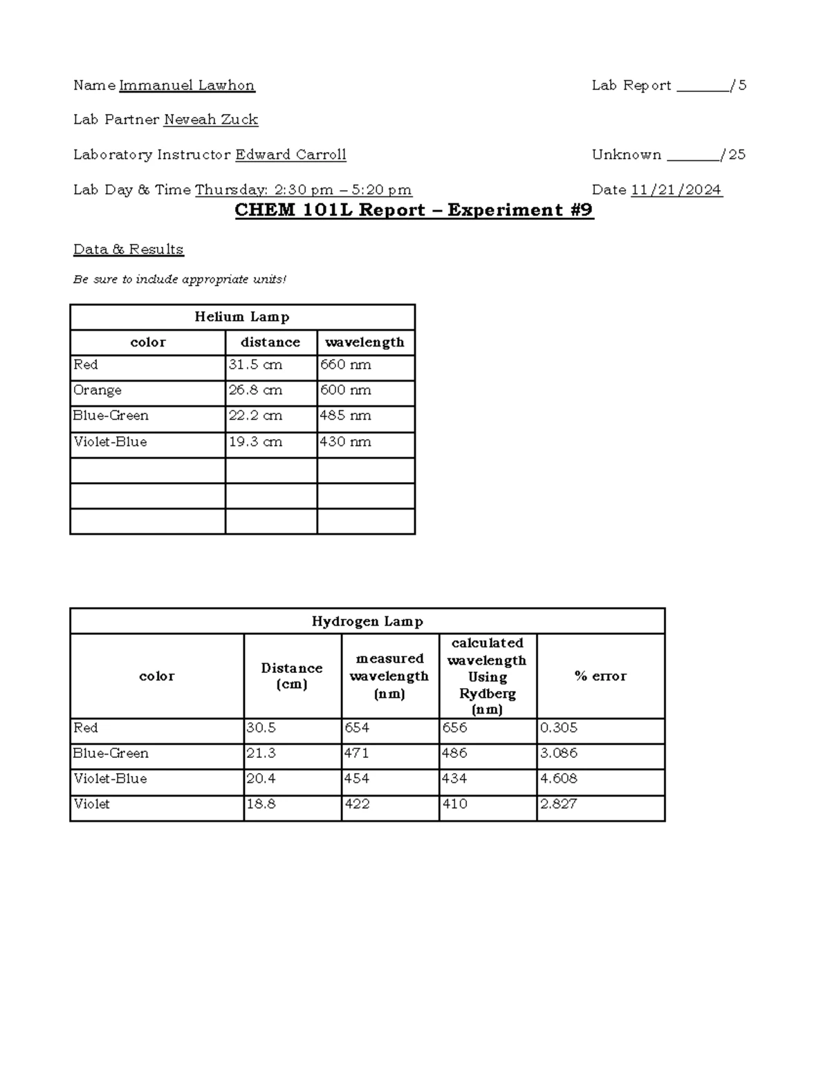 Lab Report 7-Calorimetry - Name Immanuel Lawhon Lab Report _______/ Lab ...