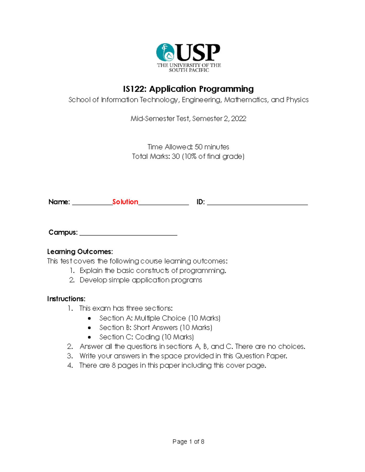 IS122 Mid-Semester Test 2, 2022 - MST Solutions and Answers - Studocu