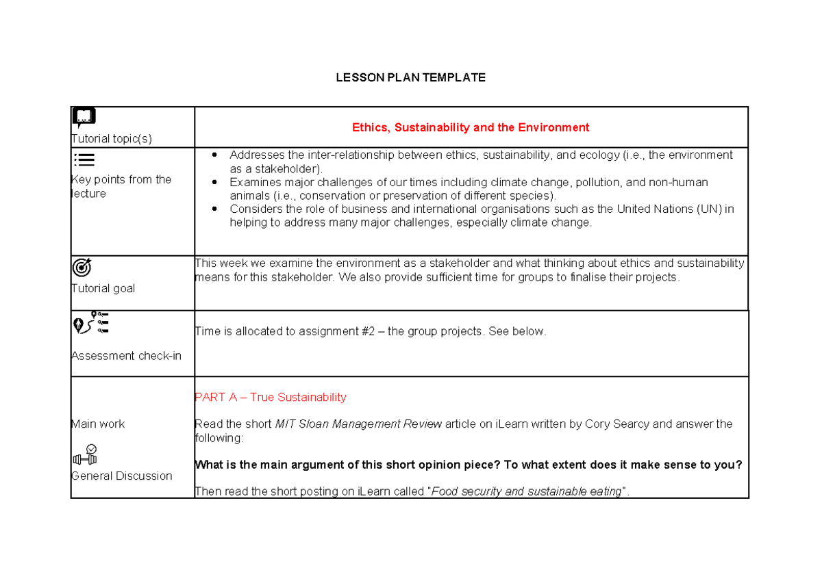 MGMT2031 - Lesson PLAN WEEK 8 - LESSON PLAN TEMPLATE Tutorial topic(s ...