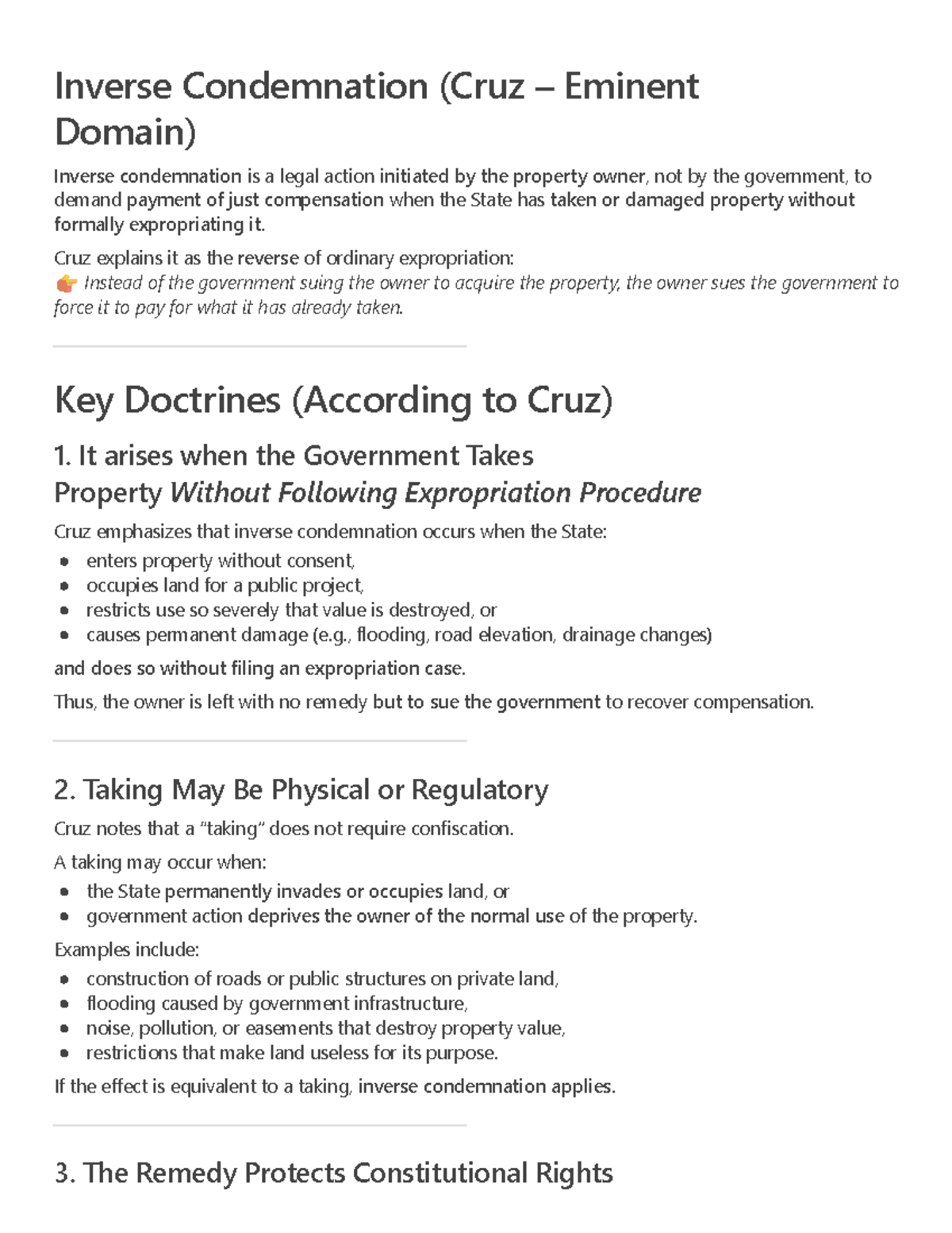 Inverse Condemnation: Key Doctrines and Legal Insights (Cruz) - Studocu