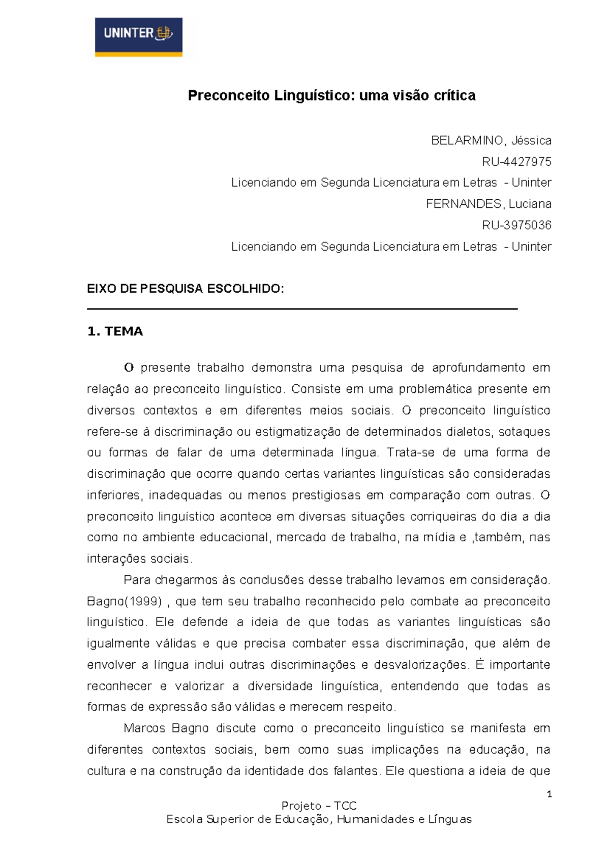 Projeto 2 - TCC sobre Preconceito Linguístico no Brasil - Studocu