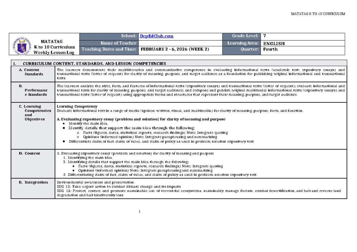 DTC DLL Matatag English 7 Q4 W2 Weekly Lesson Log - Studocu