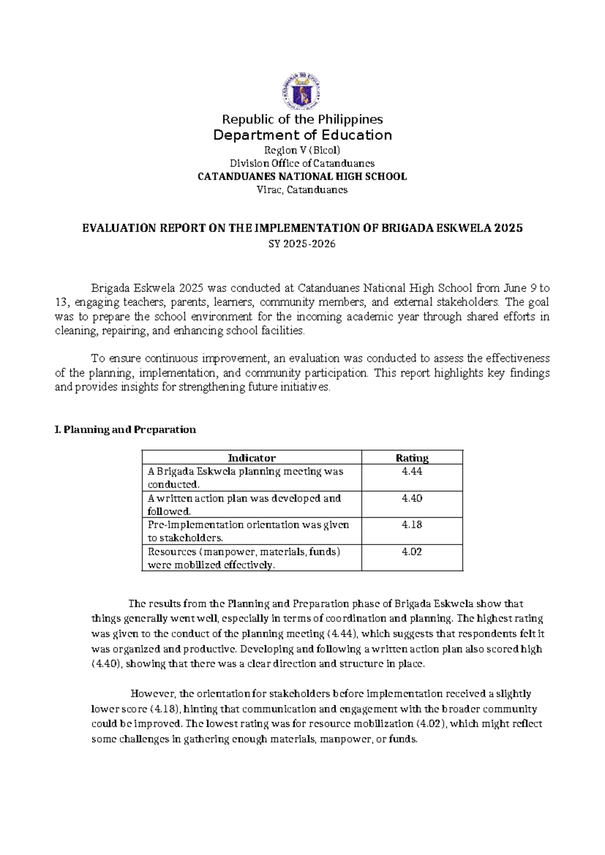 Brigada Eskwela 2025 Evaluation Report - Catanduanes National HS - Studocu