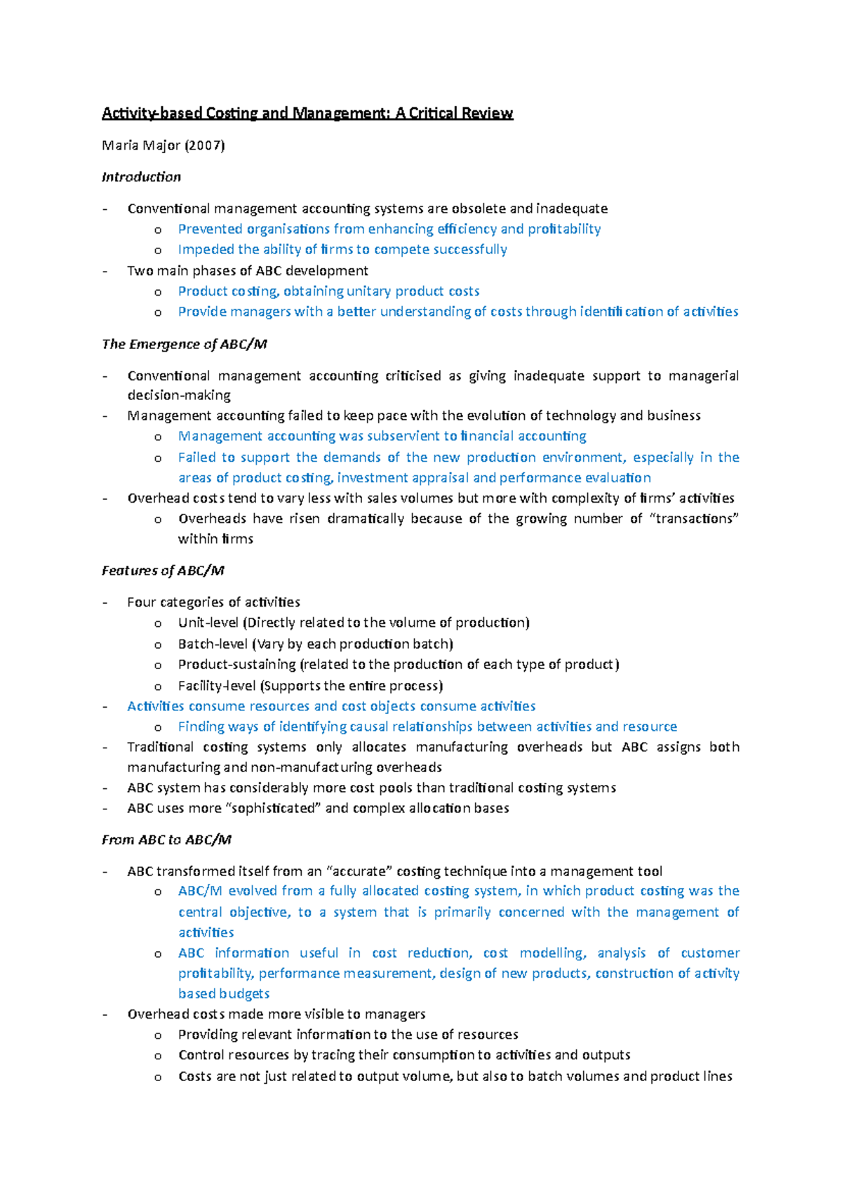 Critical Review on Activity-Based Costing/Management (Major 2007) - Studocu