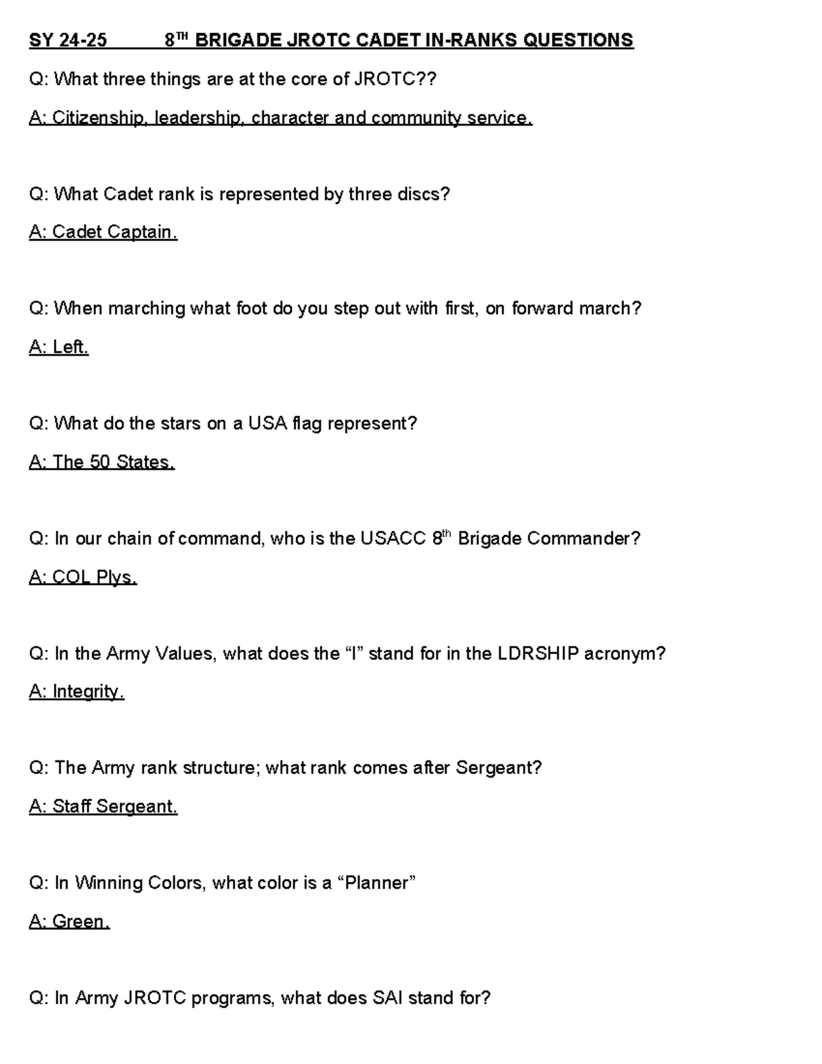 8TH BRIGADE JROTC CADET IN-RANKS QUESTIONS SY 24-25 - Studocu