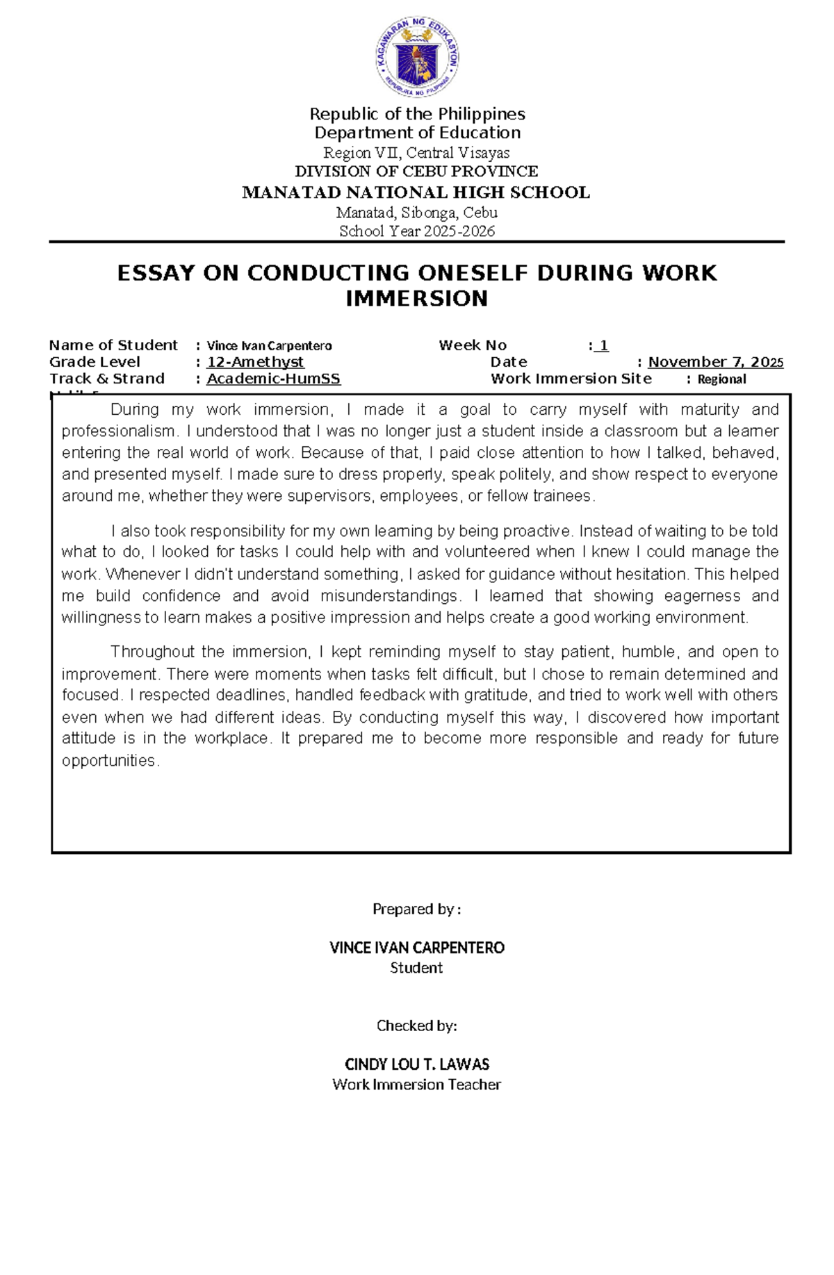 Work Immersion Essay: Conducting Oneself Professionally - Studocu