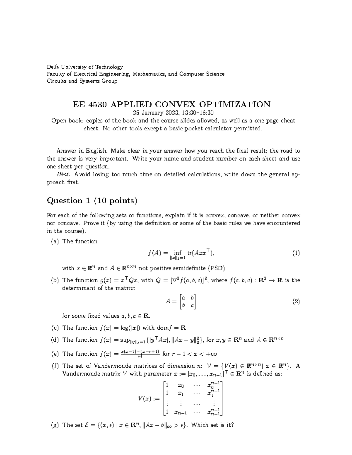 EE4530 Applied Convex Optimization Exam Solutions - January 2023 ...