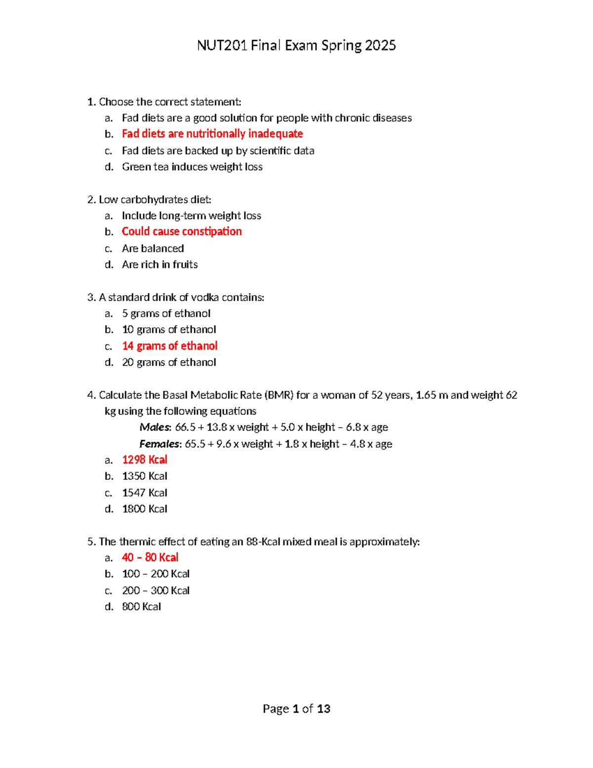 NUT201 Final Exam Spring 2025 Practice Questions - 1. Choose the ...