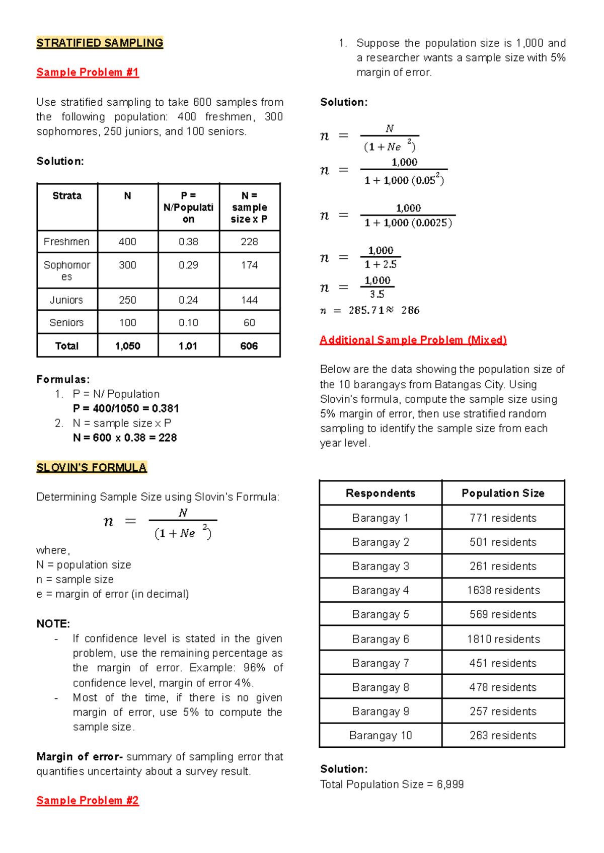 STS 101: Stratified Sampling Review and Sample Problems - Studocu