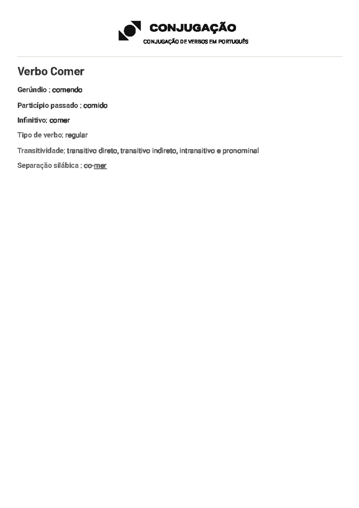 Conjugação do Verbo Comer - Conjugação de Verbos - CONJUGAÇÃO DE VERBOS ...