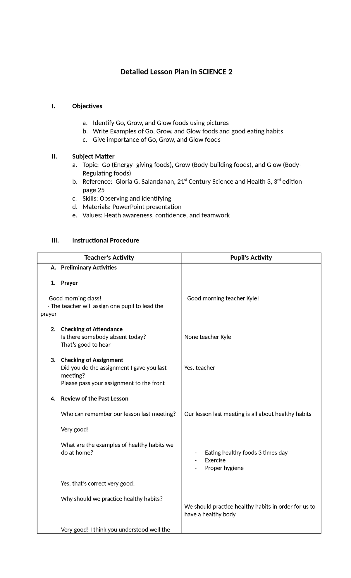 Detailed Lesson Plan in SCIENCE 2: Go, Grow, and Glow Foods - Studocu