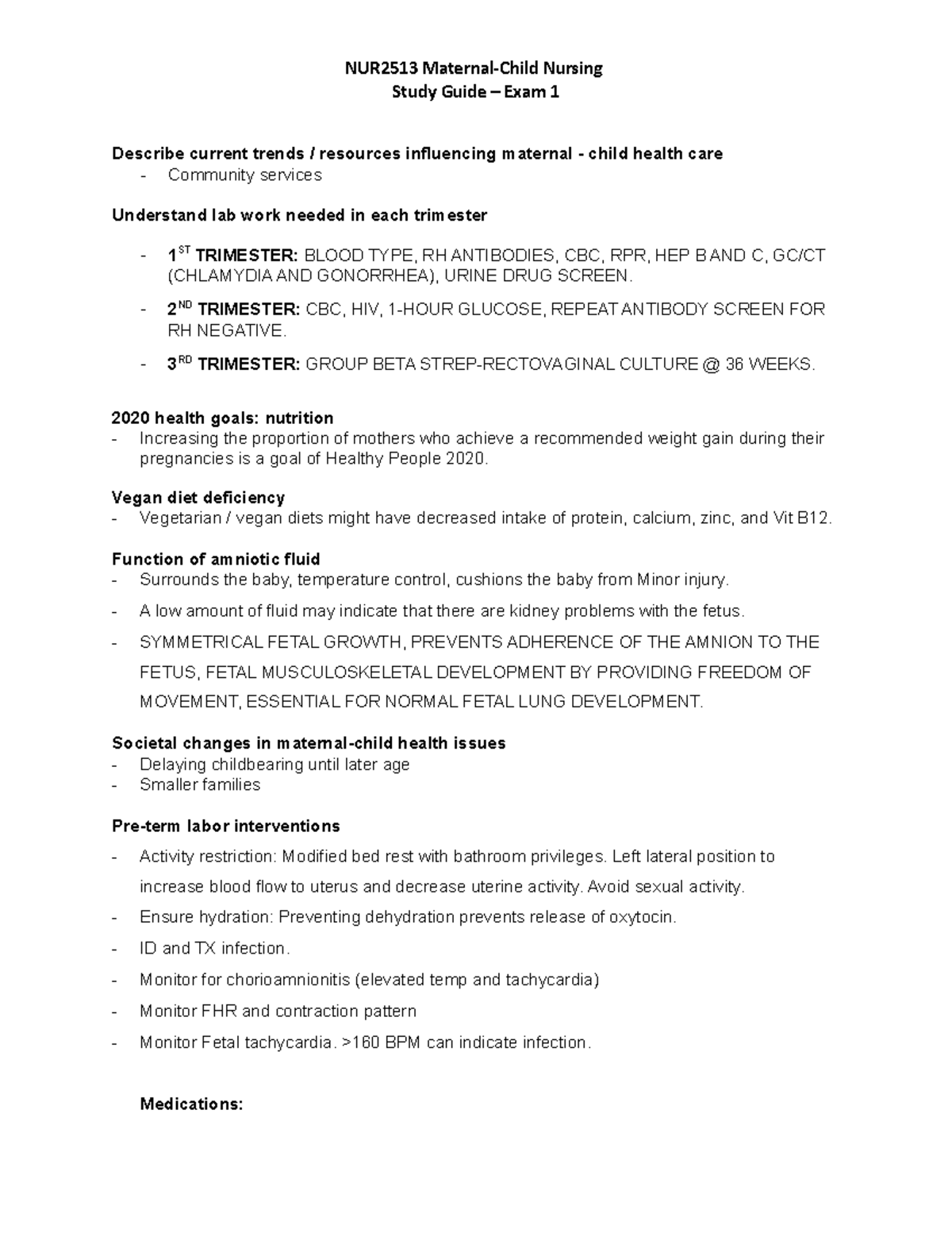 NUR2513 Maternal-Child Nursing Exam 1 Comprehensive Study Guide - Studocu