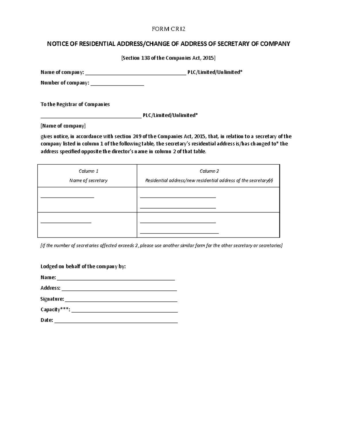 CR12 - Notice of Change of Address of Company Secretary Form - Studocu