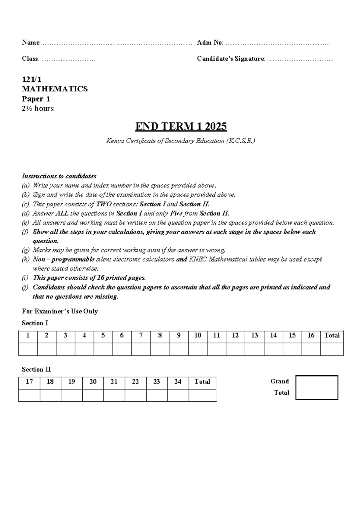 Mathematics F4 End Term 1 Exam Paper 1 Questions 2025 - Studocu