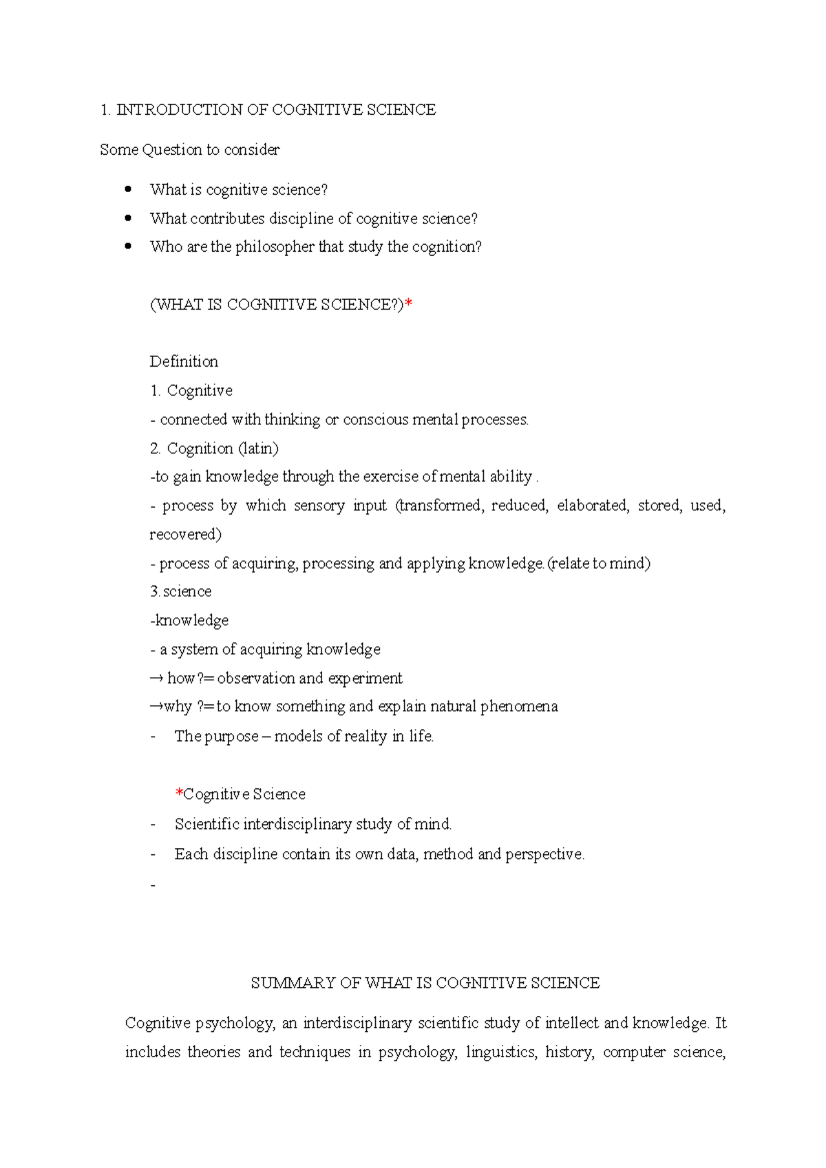 1014 Assign 1 - exp only - 1. INTRODUCTION OF COGNITIVE SCIENCE Some ...