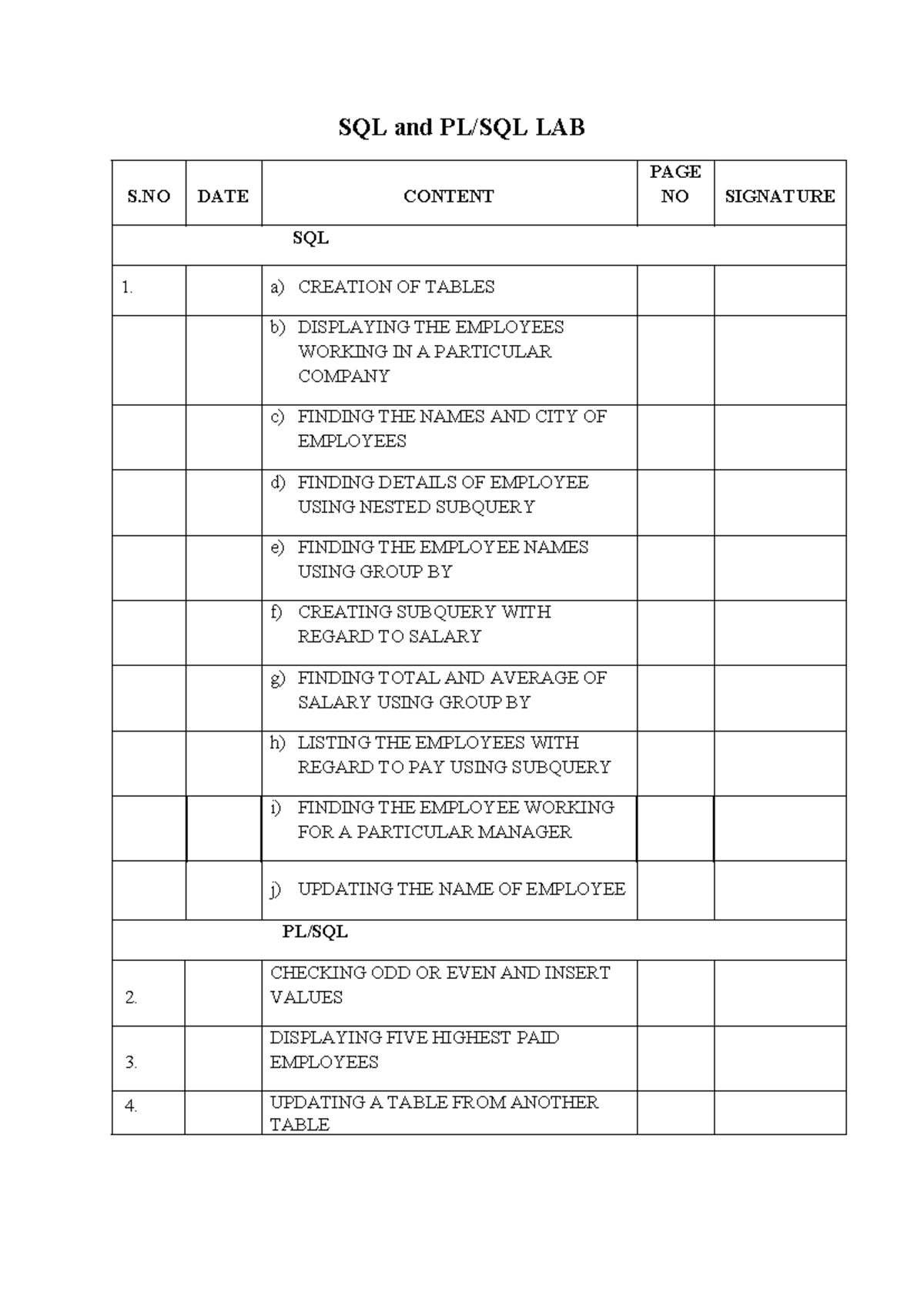 Dbms record-1-7 PROG - No need - SQL and PL/SQL LAB S DATE CONTENT PAGE ...