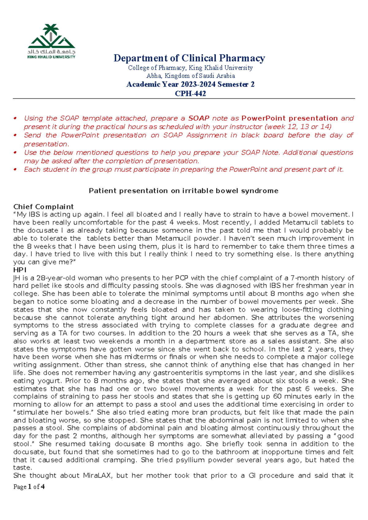 SOAP Note on Irritable Bowel Syndrome (IBS) - CPH 2023-2024 - Studocu