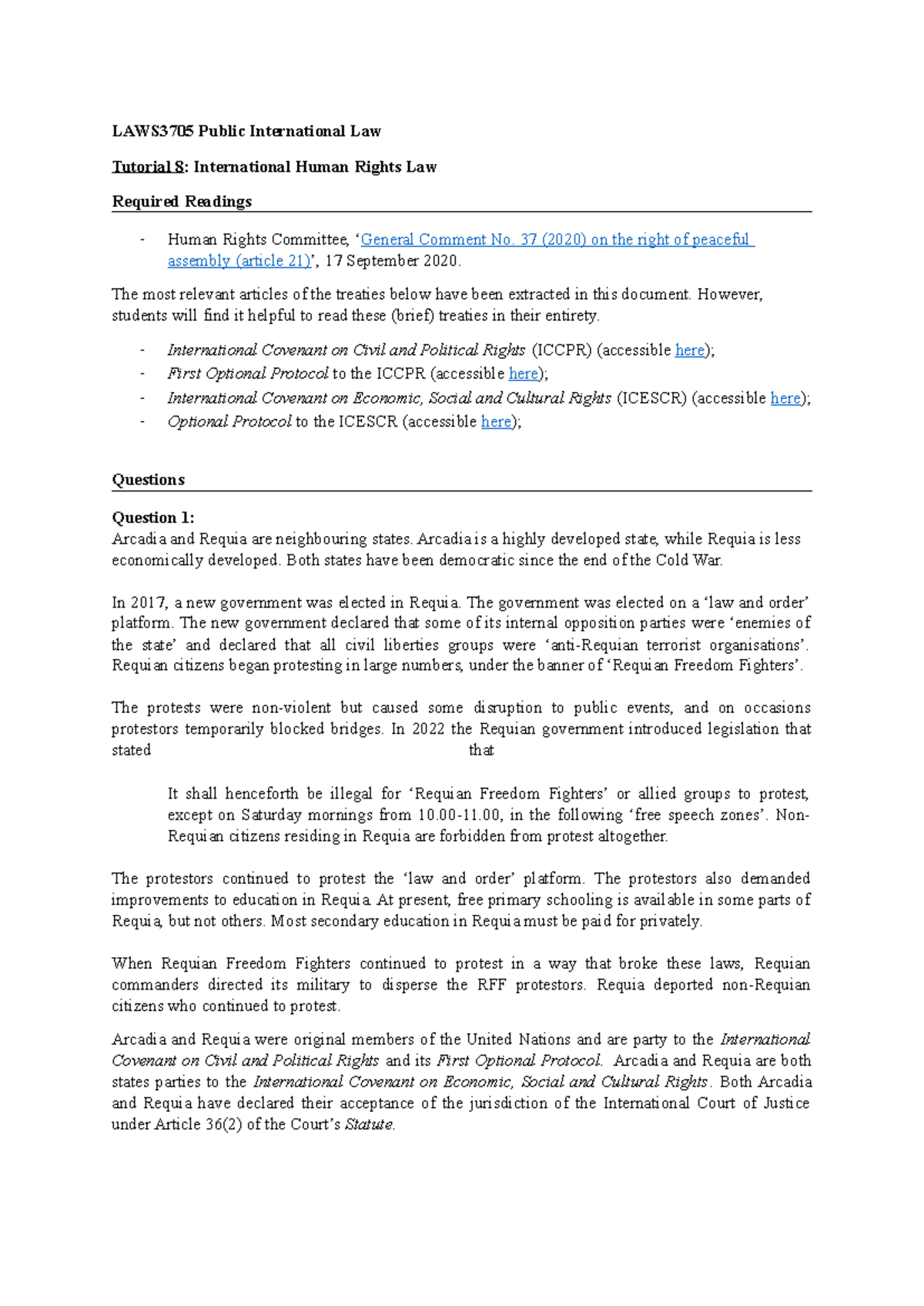 LAWS3705 Human Rights Law Tutorial 8: Key Readings & Questions - Studocu