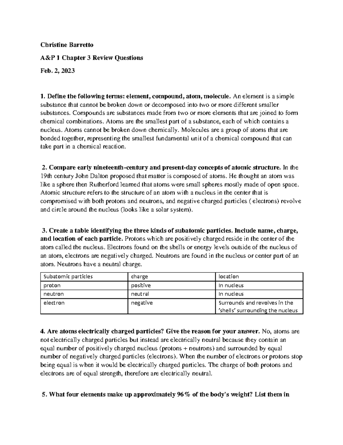 Chapter 3 Review Questions - Christine Barretto A&P 1 Chapter 3 Review ...