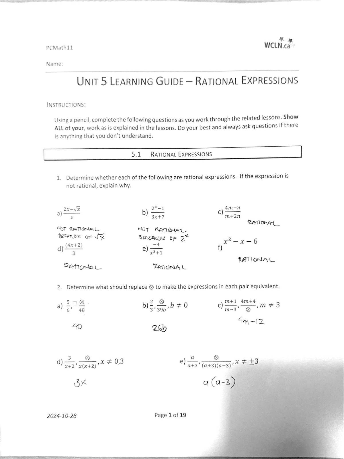 PCMath11 Unit 5 learning guide: Rational expressions and ...