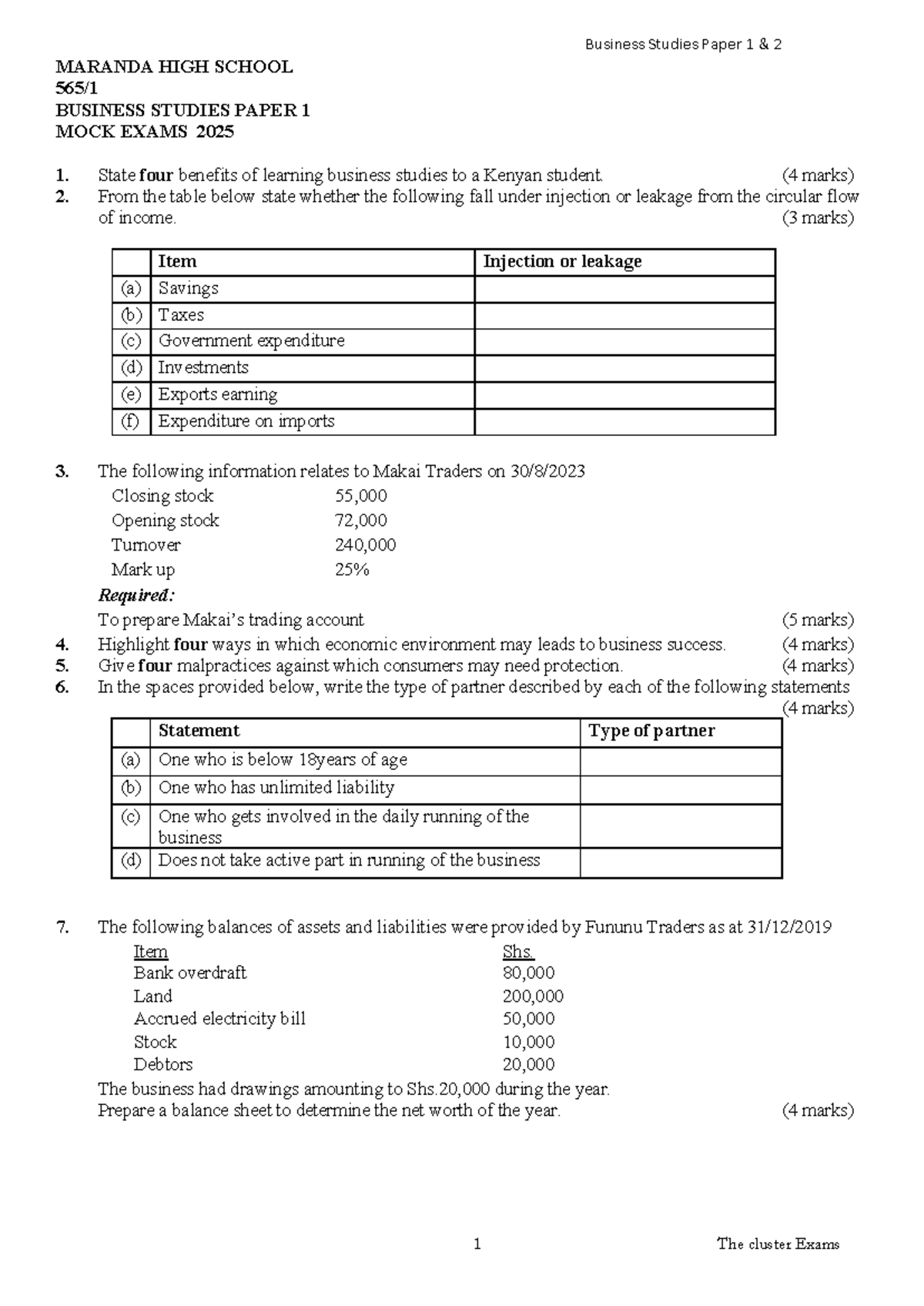 Maranda High School Business Studies Paper 1 Mock Exam 2025 - Studocu