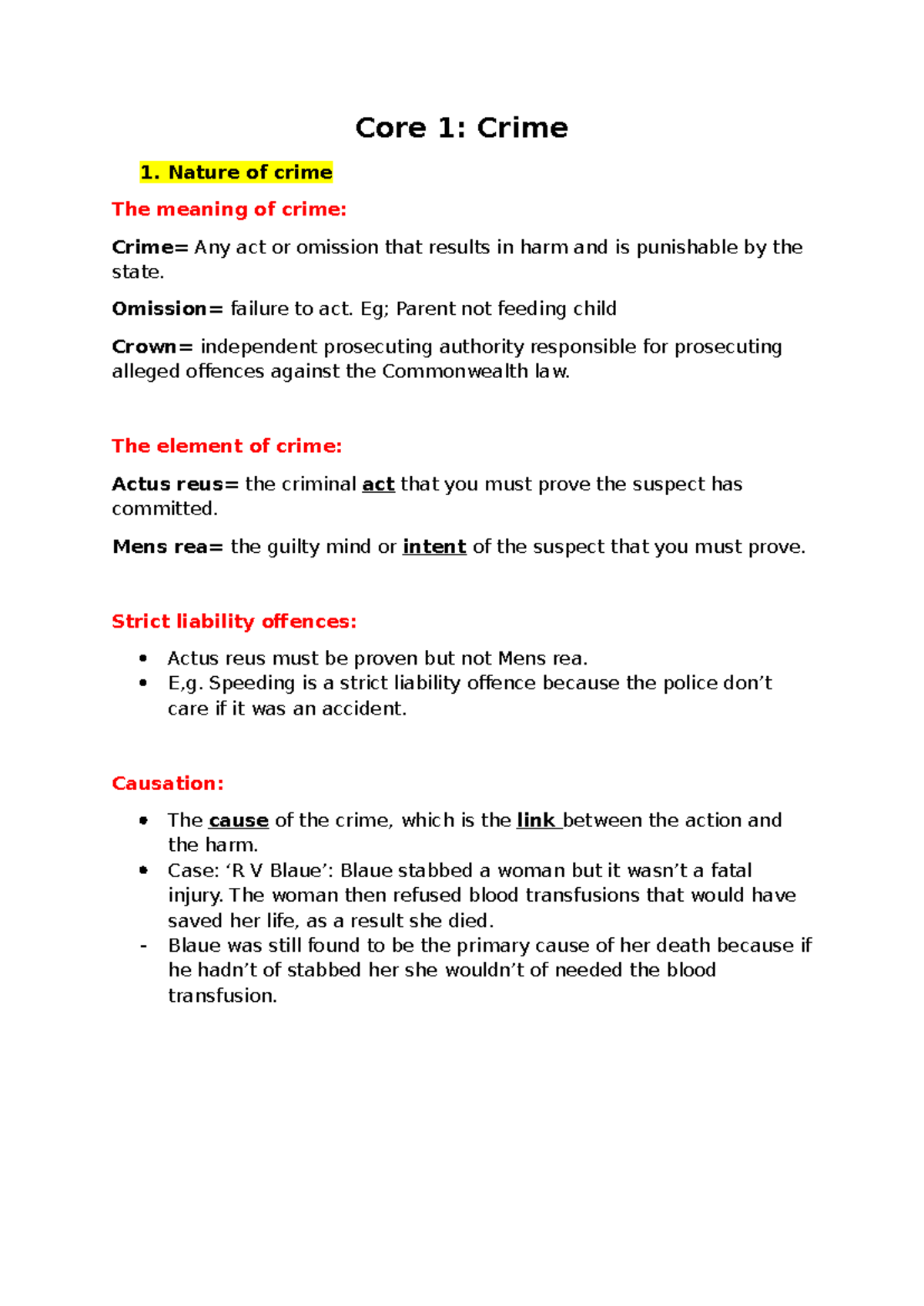 Core 1: Crime 1 - Summary of Legal Principles and Investigation Process ...