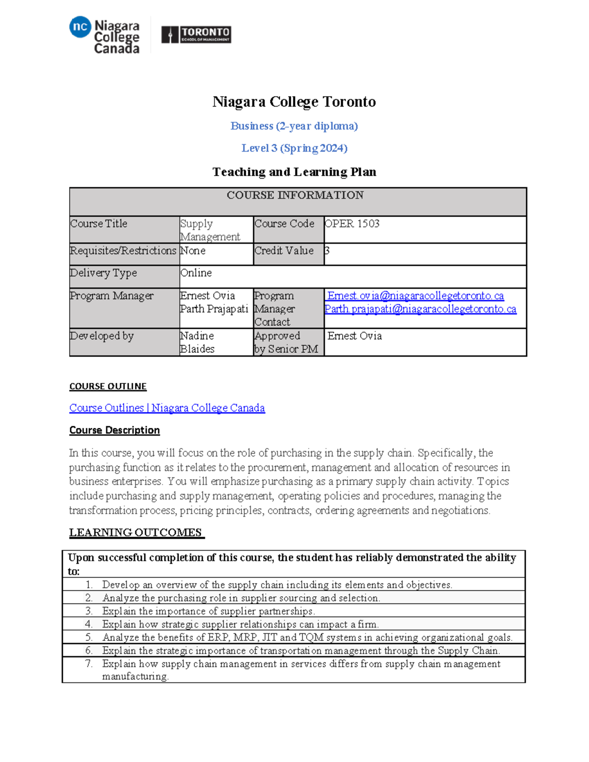 TLP - OPER1503 Supply Management Course Overview & Evaluation Details ...