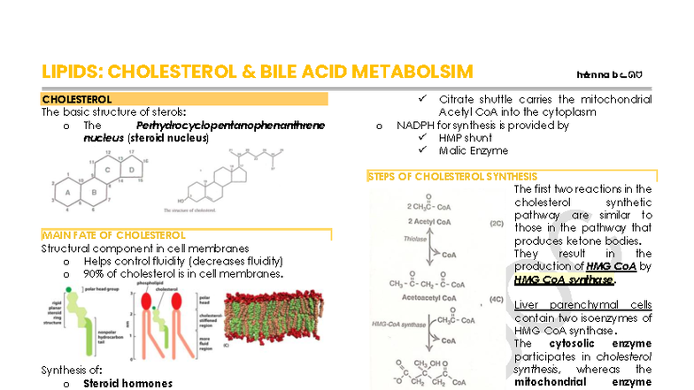 LIPIDS: CHOLESTEROL AND BILE ACID METABOLISM (BIO 101) - Studocu