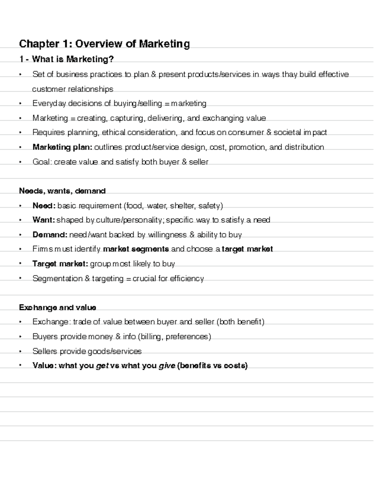Chapter 1: Overview of Marketing - Lecture Notes - Studocu