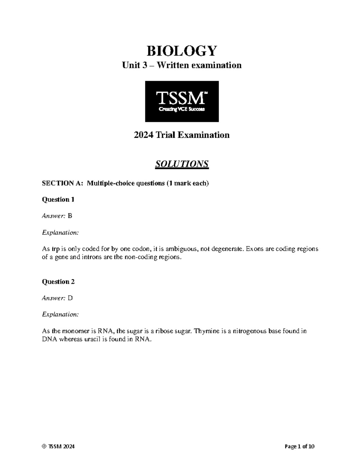 2024 TSSM BIOLOGY Unit 3 Trial Exam Solutions - Studocu