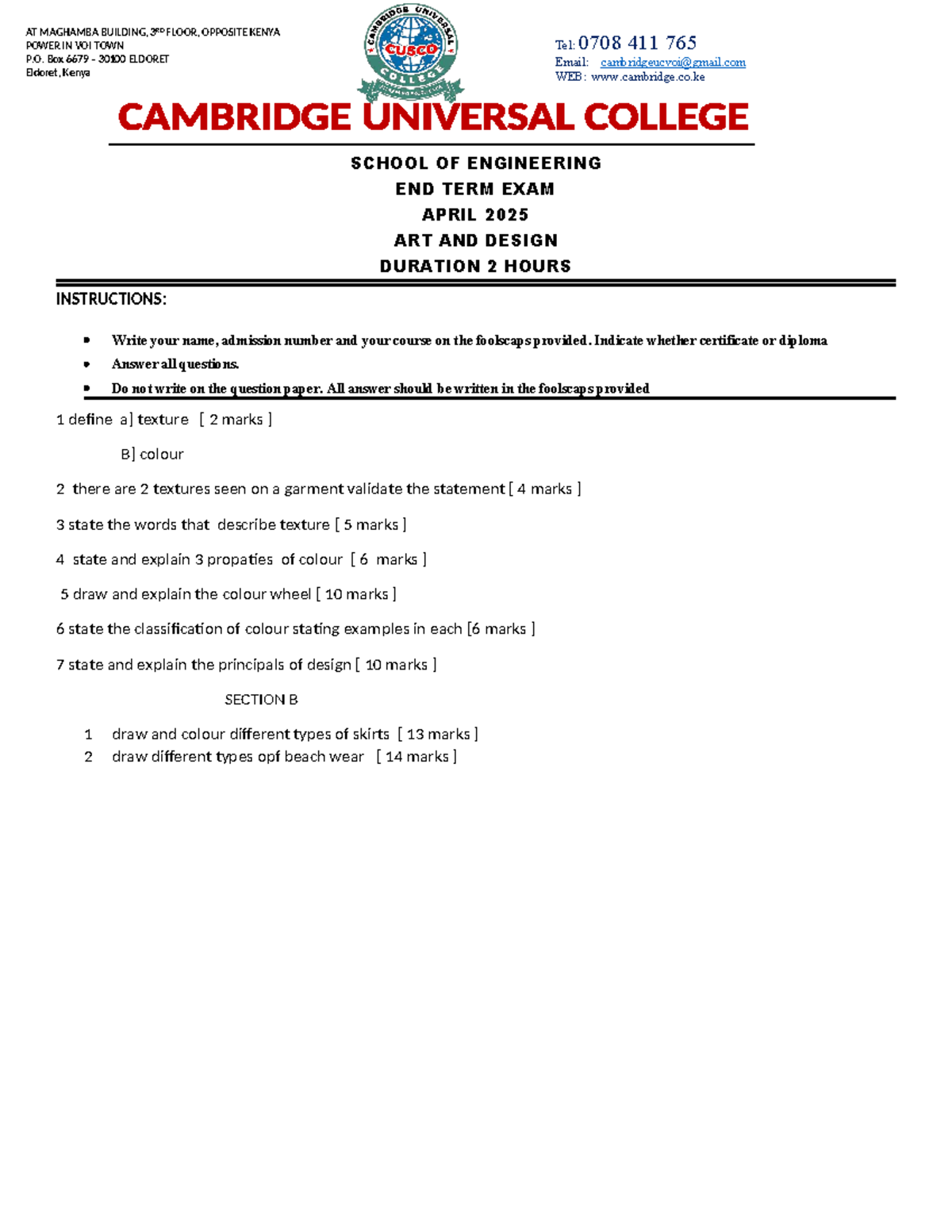 ART AND DESIGN END TERM EXAM APRIL 2025 - SCHOOL OF ENGINEERING - Studocu