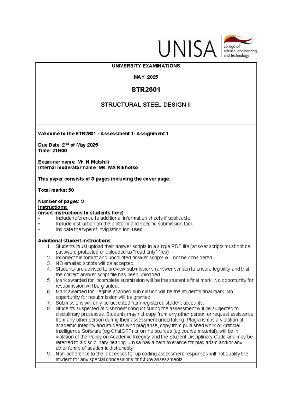 STR2601 Major Test 1: Structural Steel Design II Guidelines 2024 - Studocu