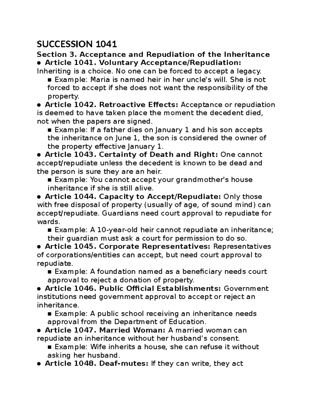 Succession 1041 - Acceptance and Repudiation of Inheritance Notes - Studocu