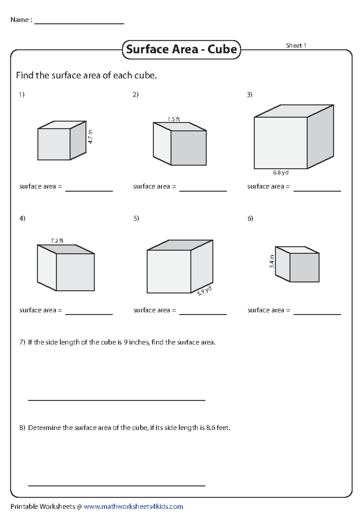 Calculating Surface Area of Cubes - Worksheet 1 - Studocu