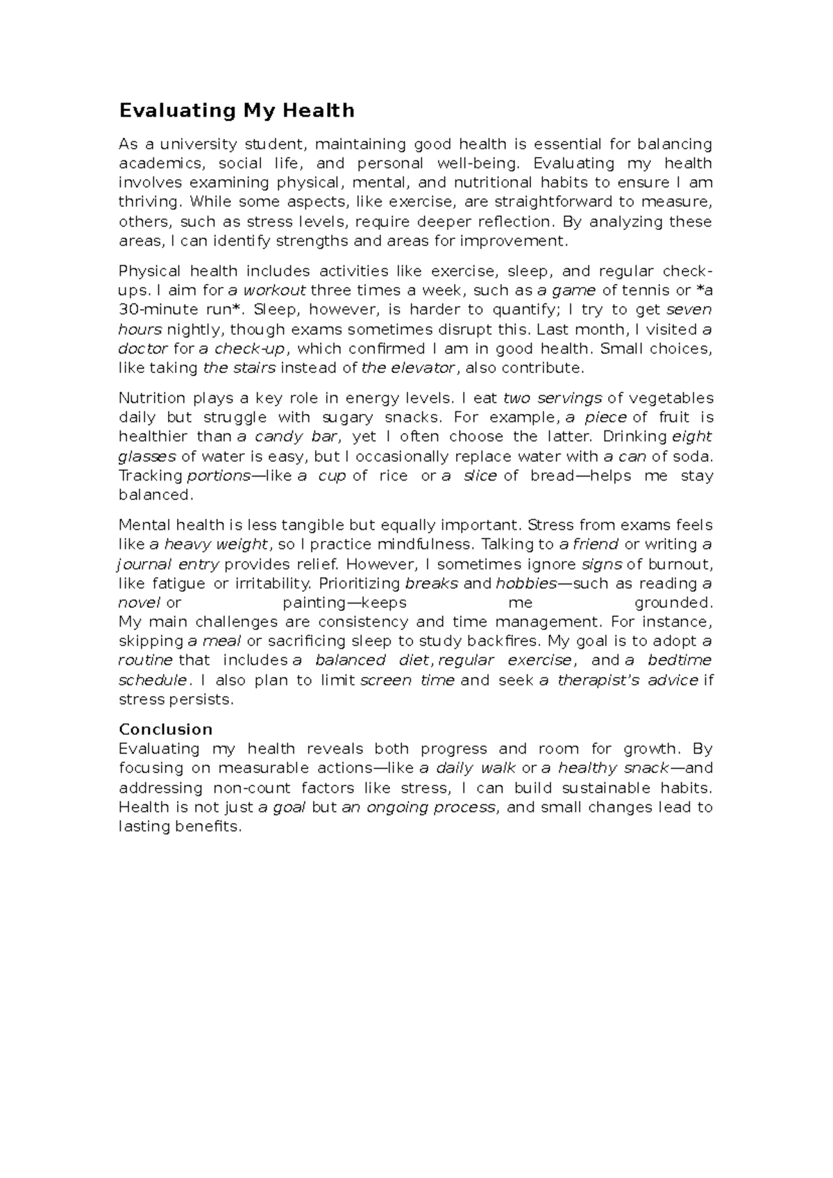 Evaluating My Health: A Student's Journey to Wellness (Draft 2) - Studocu