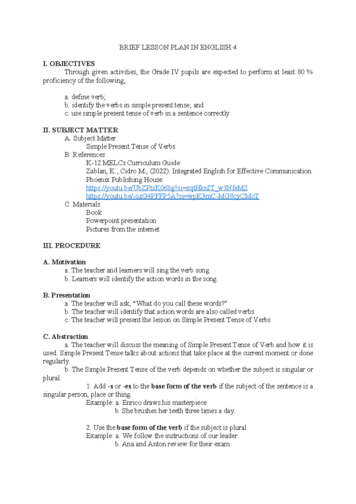 English 4 Lesson Plan: Understanding Simple Present Tense of Verbs ...