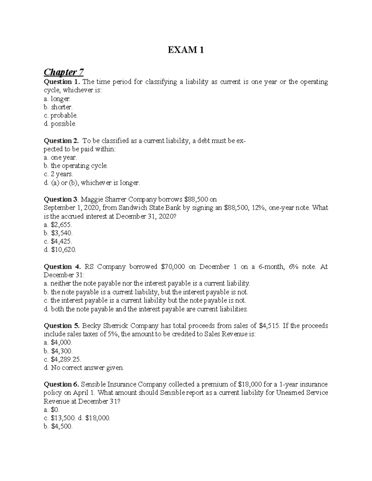 EXAM 1 - Chapter 7 Liability Classification Questions - Studocu