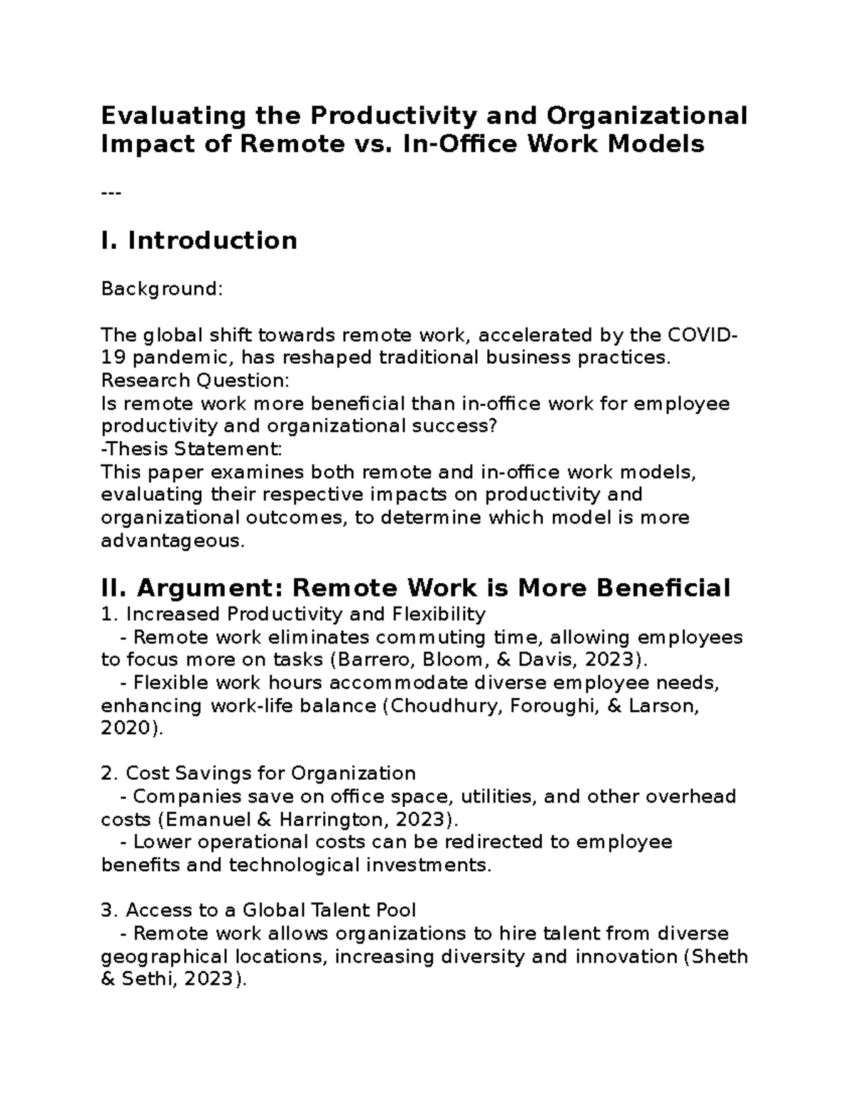 Evaluating the Productivity - In-Office Work Models - I. Introduction ...