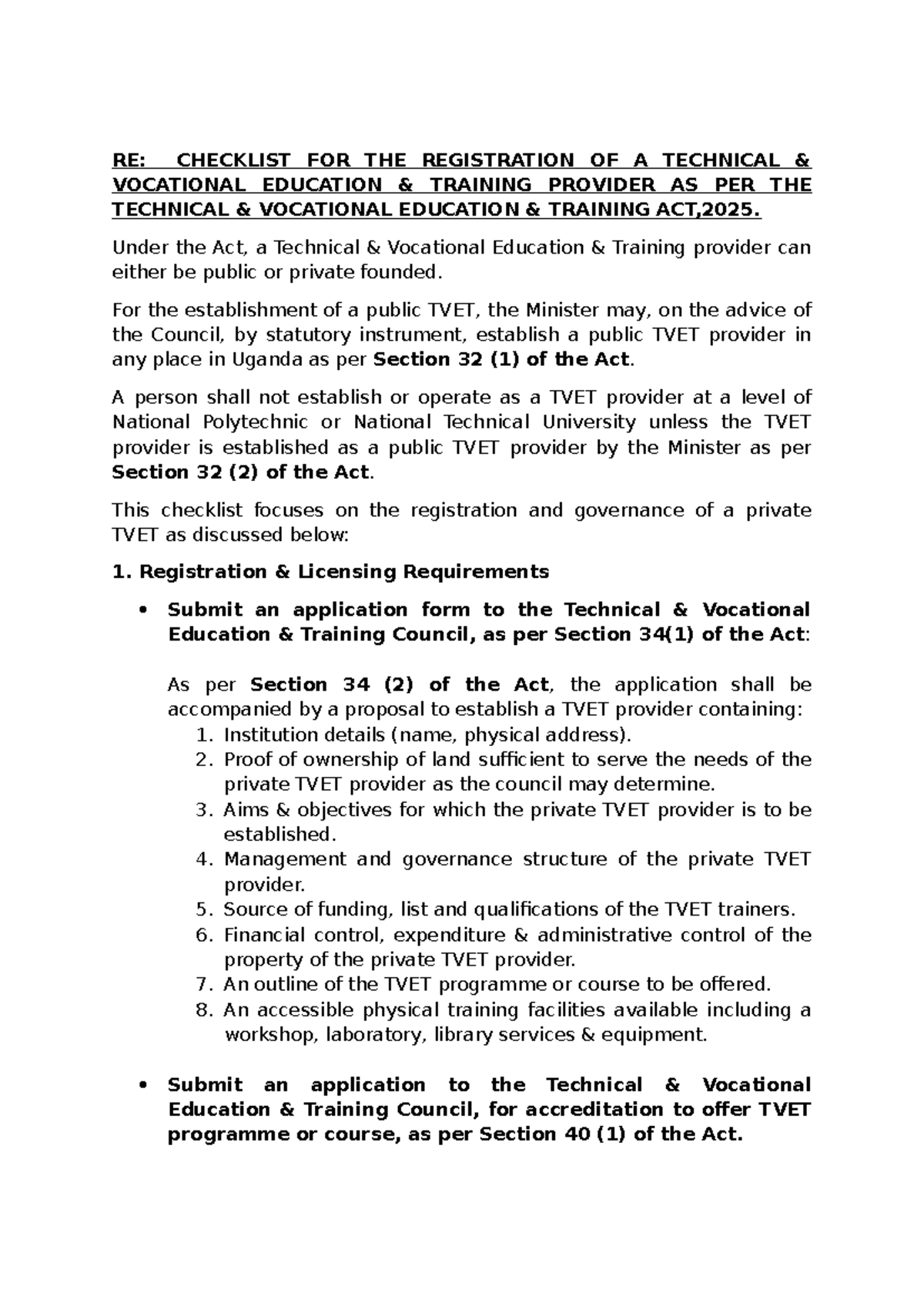 Checklist for Registration of TVET Providers as per TVET Act, 2025 ...