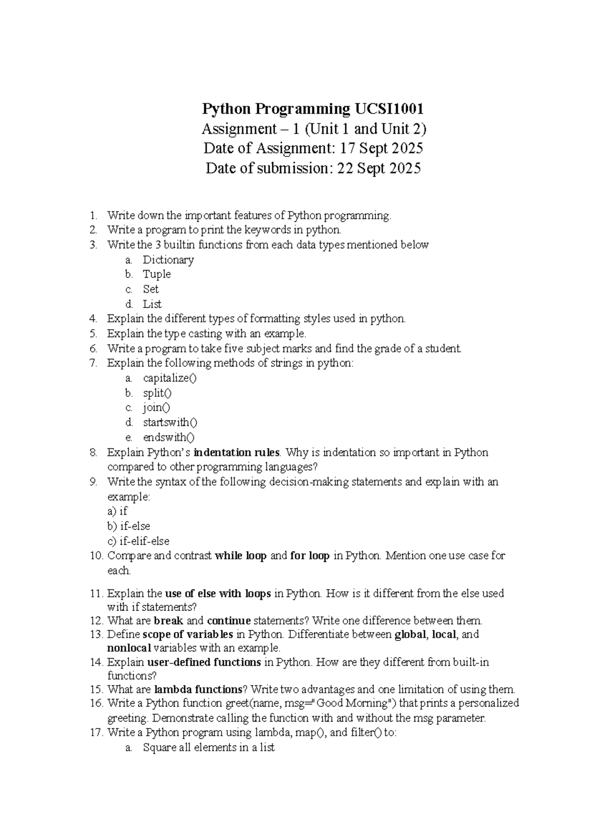 Python Programming UCSI1001 Assignment 1: Key Features & Practice ...